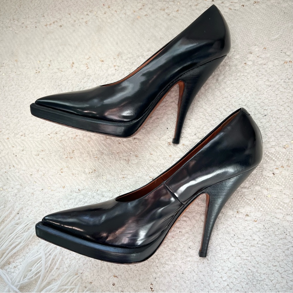 CELINE Heels Black Patent Leather Pointed Toe Platform High Heel Pumps 36.5/ 6.5 - Picture 6 of 15
